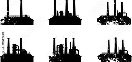 Industrial factory silhouette set with chimneys and grunge texture effects on white background
