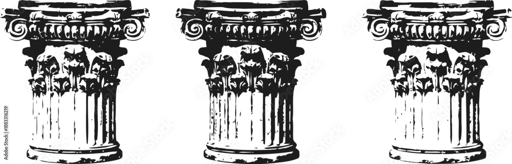 Fototapeta premium Three classical corinthian columns illustration with ornate capitals and fluted shafts
