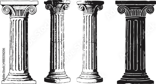 Four classical ancient columns with different capitals and styles in black and white illustration