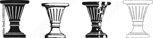 four classical greek column capitals in black and white silhouette style, architectural element set