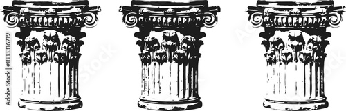 Three classical corinthian columns illustration with ornate capitals and fluted shafts