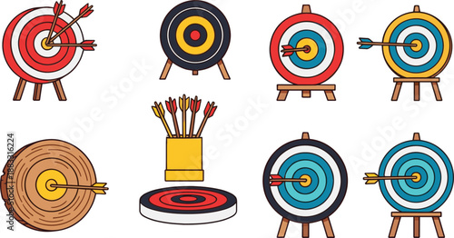 Archery Targets and Arrows Collection with Bullseye Practice Boards Flat Vector Sport Illustration Set