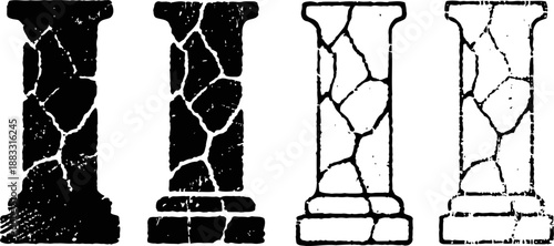 set of four cracked ancient columns, black and white isolated architectural elements, stone pillars with damaged texture