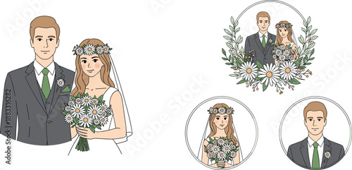 Bride groom wedding portrait, floral wreath illustration, romantic couple vector art, marriage ceremony design, love celebration, wedding invitation conceptBride groom wedding portrait, floral wreath 