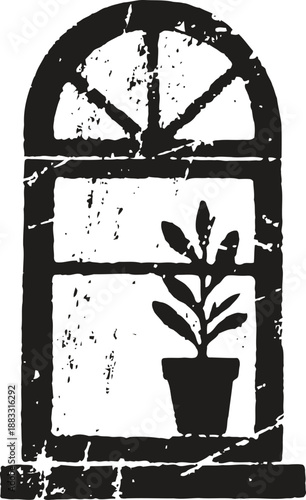 Black silhouette of arched window with potted plant sitting on the windowsill