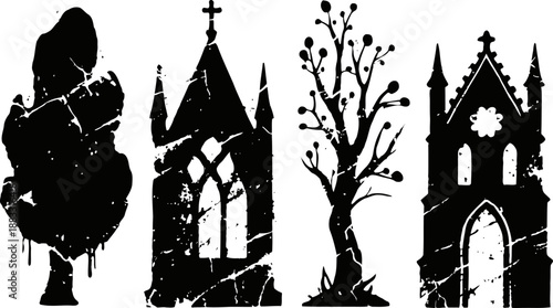 Grunge silhouettes of distressed gothic church towers and bare trees with textured scratches