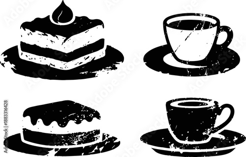 Vintage black silhouettes of cake and coffee cups on plates with textured distressed effect