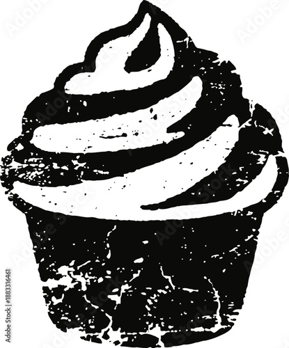 Vintage cupcake illustration with swirled frosting, textured design, dessert, baked sweet treat