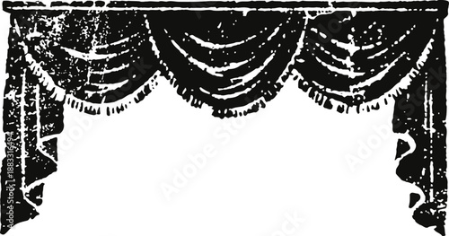 Vintage theatrical curtain with ornate draped fabric design, decorative stage decor and classic theater element
