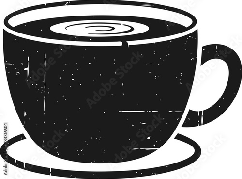 Black coffee cup with saucer silhouette, vintage illustration with textured effect