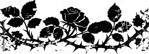 Black silhouette of a blooming rose on a thorny stem with detailed leaves and branches