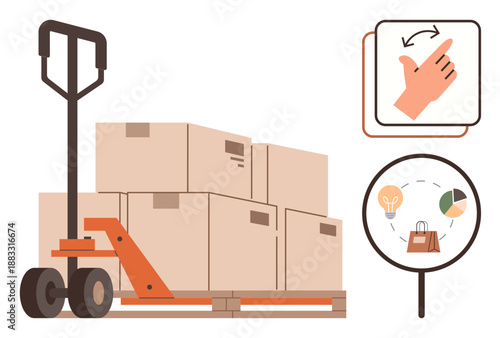 Logistics, e-commerce, warehouse management, shipping, supply chain, packaging. Pallet jack with stacked boxes, icons showing a swipe gesture and shopping concept. Logistics and e-commerce concept