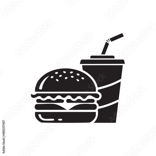 Black and white line of a hamburger and a drink with a straw line hamburger sandwich
