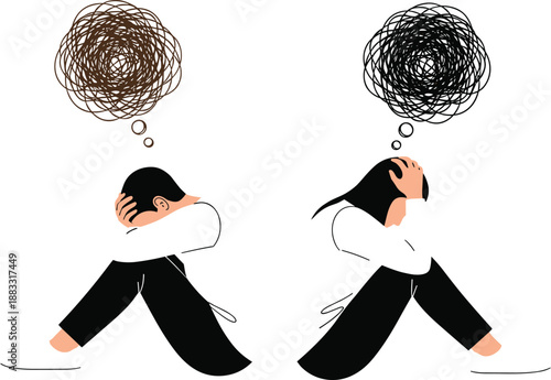 Mental health illustration, anxiety concept, emotional distress vector, confusion symbol, stress representation, contemplation pose, psychological struggle art, human emotion design