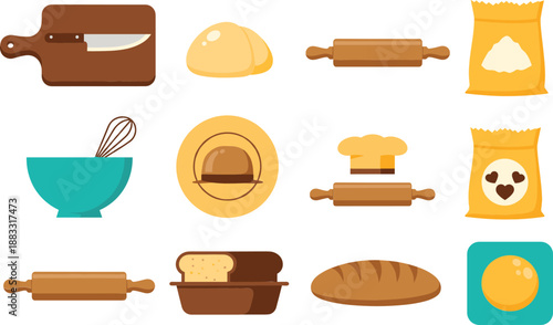 Baking and bread making vector illustration set with dough rolling pins flour bags kitchen tools