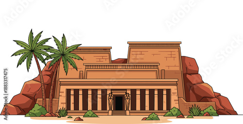 Ancient desert temple illustration featuring stone columns, palm trees, and archaeological ruins in historical flat vector style