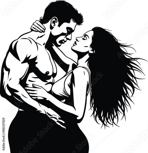 Romantic embrace silhouette, passionate couple artwork, love illustration vector, emotional bonding design, intimacy concept, affectionate pose art, romance