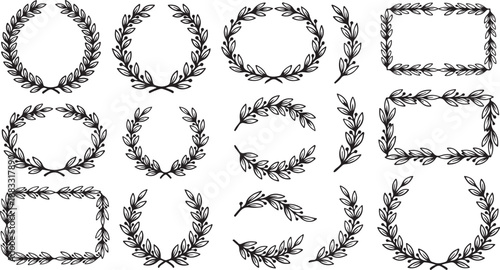 Laurel Wreath Icon Set – Victory and Achievement Symbols in Black and White