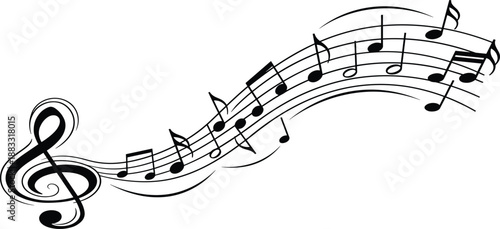 Black Musical Notes and Treble Clef on Wavy Staff Lines Vector Illustration Set Isolated on White Background for Music Festivals Concerts and Creative Projects