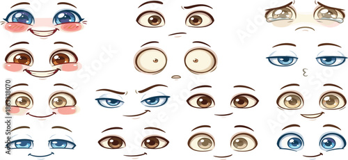 Cute Anime Style Character Faces Collection with Various Emotions Including Happy Sad Surprised and Angry Expressions Isolated on White Background for Mascot Design Illustration