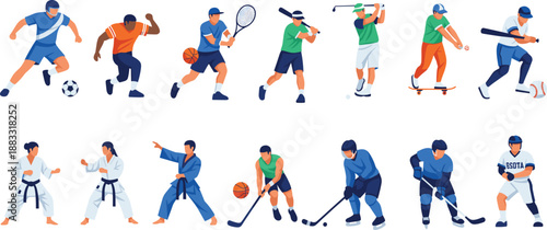 Athlete action sports illustration set featuring soccer, basketball, tennis, golf, skating, martial arts, and ice hockey players in flat vector style