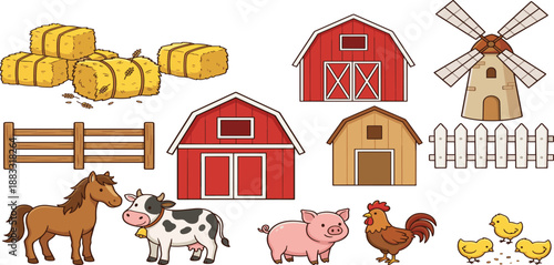 Cute Cartoon Farm Collection with Red Barns Windmill Hay Bales and Domestic Animals Including Horse Cow Pig and Chicken Isolated on White Background for Children