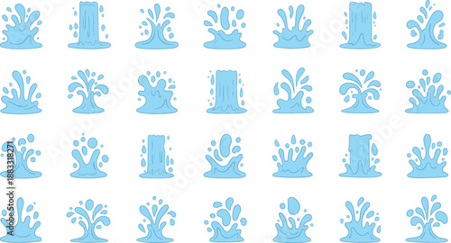 Cartoon water splash and splash effects vector icon set with blue liquid drops waves and splatter shapes