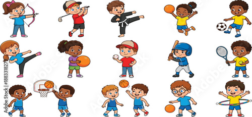 Cute Cartoon Children Playing Various Sports Including Soccer Basketball Baseball Tennis Karate Golf and Archery Isolated on White Background for Kids Activity Design Assets
