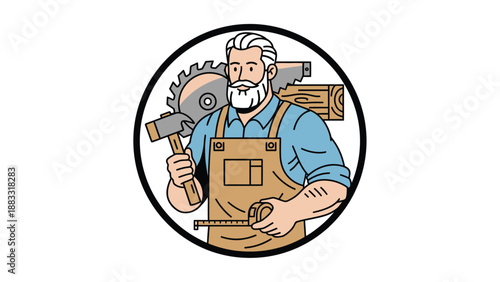 Skilled carpenter holding tools, ready for woodworking projects, wearing apron and looking determined.