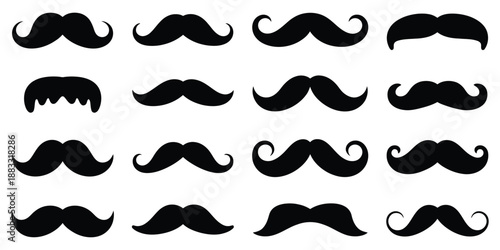 Mustache black vector icon illustration, retro male facial hair silhouette, barbershop design, hipster style, and grooming branding artwork.