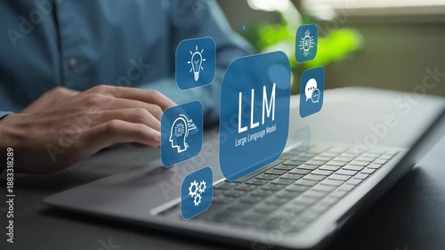 LLM concept with large language model, artificial intelligence and natural language processing. Advanced AI technology powering text generation, analysis and intelligent communication.
