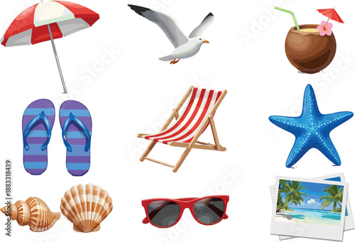 Beach Vacation Icons Vector Illustration Set Featuring Umbrella, Flip Flops, Sun Lounger, Coconut Drink, Seagull, Seashells, Starfish, Sunglasses, and Travel Photos for Summer and Holiday Designs