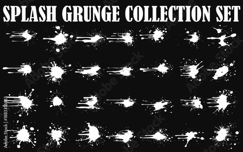 Ink blots. White ink paint splatter, drops and splashes. Inking spray stains, dripping. Muddy inkblot flecks silhouettes isolated. Vector set