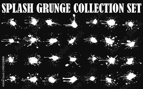 Ink blots. White ink paint splatter, drops and splashes. Inking spray stains, dripping. Muddy inkblot flecks silhouettes isolated. Vector set