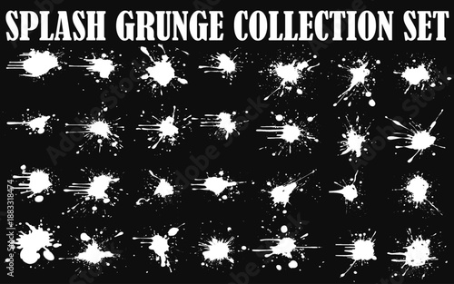 Set of ink splashes, paint brush strokes and blots of different shapes. Vector grunge texture art watercolor design isolated on black background.