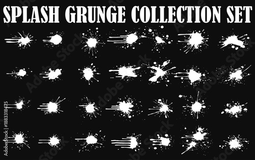 Set of ink splashes, paint brush strokes and blots of different shapes. Vector grunge texture art watercolor design isolated on black background.