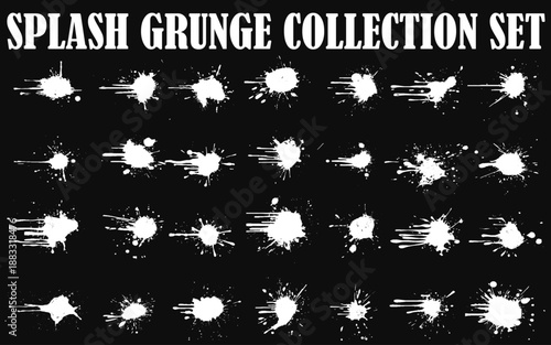 Set of ink splashes, paint brush strokes and blots of different shapes. Vector grunge texture art watercolor design isolated on black background.