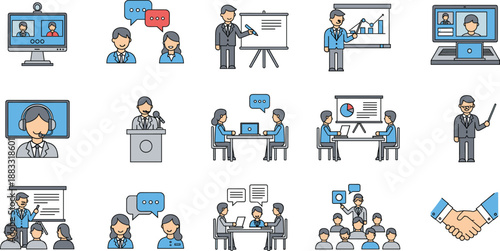 Business communication and teamwork icon set showing meetings, presentations, negotiations, video calls, and corporate collaboration in flat vector style