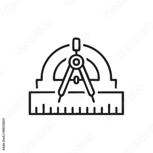 Black outline icon of a drawing compass, protractor, and ruler, representing geometry and drafting tools.