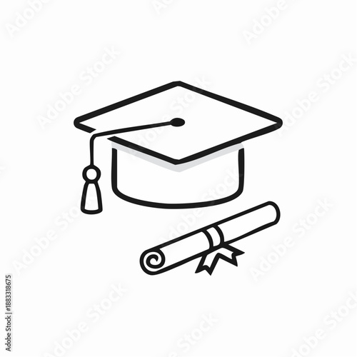 Black outline drawing of a graduation cap with a tassel and a rolled diploma scroll with a ribbon, symbolizing education and achievement.