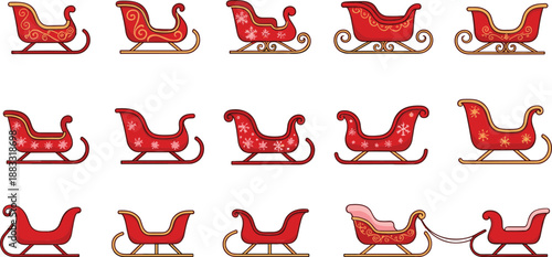 Christmas Santa Sleigh Collection with Red Holiday Sled Designs Flat Vector Winter Illustration Set