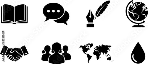 International Mother Language Day icons representing education, diversity, and global communication