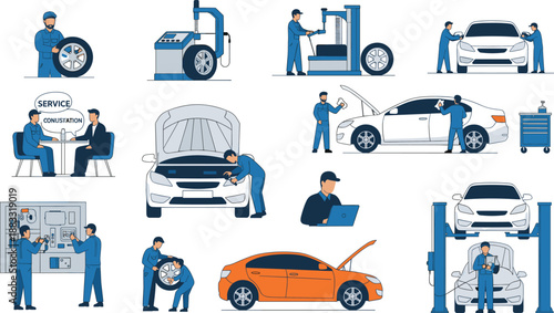 Car Service and Auto Repair Vector Set with Mechanics Performing Vehicle Maintenance, Diagnostics, Tire Change, Inspection, and Workshop Operations