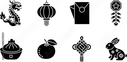 Chinese New Year icons: dragon, lantern, envelope, firecrackers, bun, orange, knot, rabbit