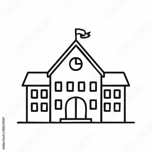 Line art drawing of a school building with a clock and flag on the roof, featuring multiple windows and a main entrance.