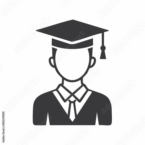 Black and white icon of a graduate student wearing a cap and gown, representing education and achievement.