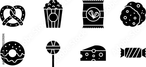 National Snack Food Month icon collection with assorted treats