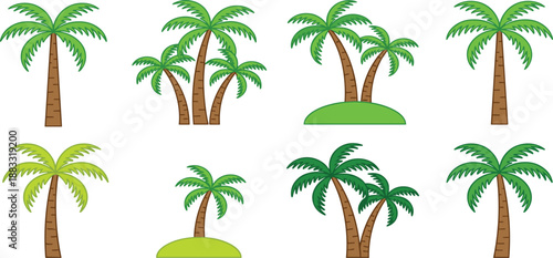 Tropical Palm Tree Collection Set with Different Shapes and Green Leaves Isolated on White Background for Summer Vacation Beach Scene and Island Travel Design Elements