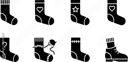 Red Sock Day icon set: cute socks with hearts, stars and question mark
