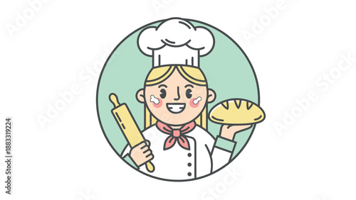 Smiling female baker holding bread and rolling pin inside a circle.